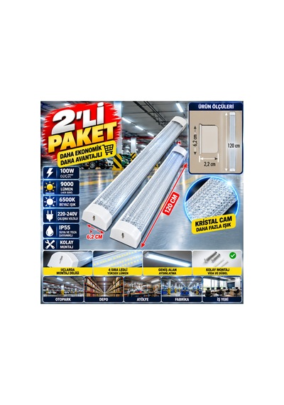2 Li Paket 100 Watt 4 Sira Led Kristal Plastik Armatür, 120 Cm, Ofis Ve Fabrikada Beyaz - 939568177 Beyaz