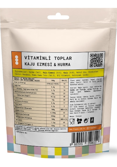 Fropie Vitaminli Kids Meyve Topları Hindistan Cevizi Kaplı & Kaju Ezmeli 80 G