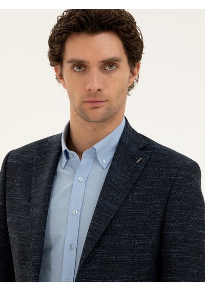 Cacharel Lacivert Slim Fit Yün Keten Karışımlı Ceket