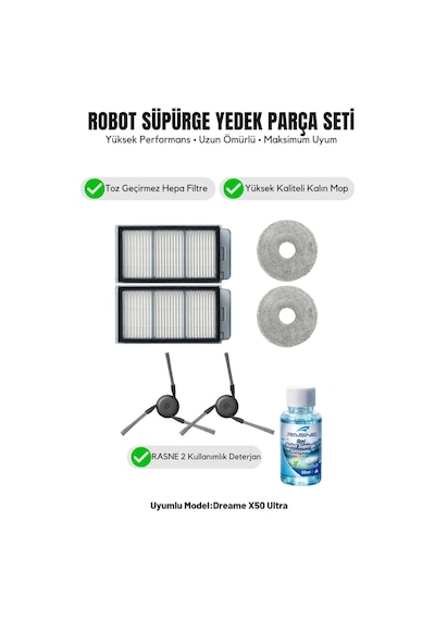 Dreame X50 Ultra İle Uyumlu 2 Yan Fırça 2 Filtre 2 Mop 1 Deterjan 1.0