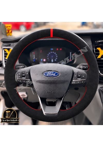 Ford Courier Dikme Direksiyon Kılıfı Full Alcantara Süet Kırmızı Yüzük Ve Kırmızı Dikiş 2023-2026 Siyah