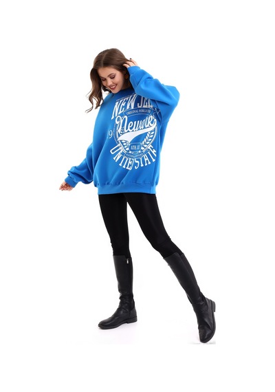 Winmoda34 Oversize Bisiklet Yaka 3 Iplik Şardonlu Kadın Sweatshirt New Jersey Mavi
