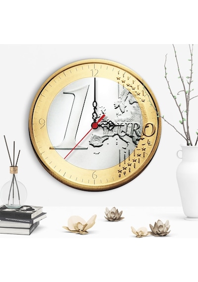 Dekoratif Metal 1 Euro Tasarımlı Ahşap Duvar Saati - 2 Çok Renkli