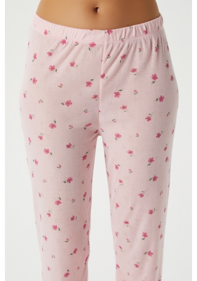 Ritnice Kadın Juliet Kurdeleli Yumuşak Doku Pembe Çiçekli Pijama Takımı
