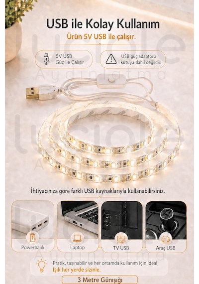 3 Metre 5v Usb Günışığı Şerit Led Anahtarlı Mutfak Tezgah Altı Tv Masa Kamp Led Işık
