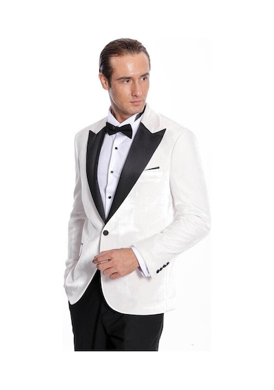 Wessi Kadife Slim Fit Beyaz Erkek Smokin Ceketi Beyaz