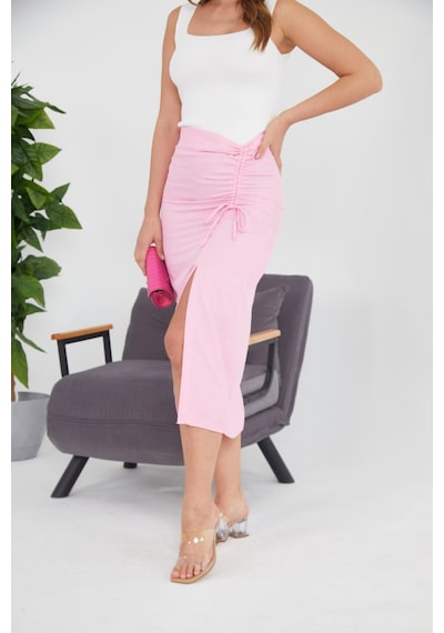 Lilys Derin Yırtmaçlı Çok Zarif Pembe Keten Etek Pembe