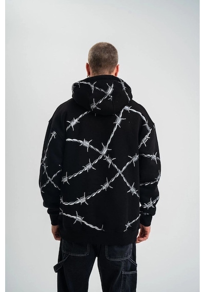 Erkek Kapüşonlu Varak Ve Pano Baskılı Hoodie Sweatshirt- Siyah
