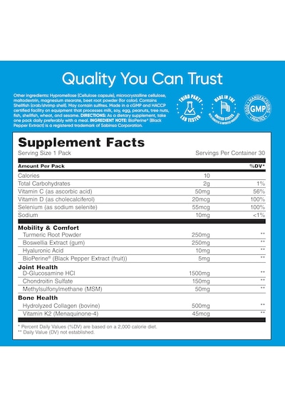 Universal U Mobility & Bone Joint & Cartilage Multivitamin Collagen Turmeric Glucosamine Chondroitin Msm 30 Packs