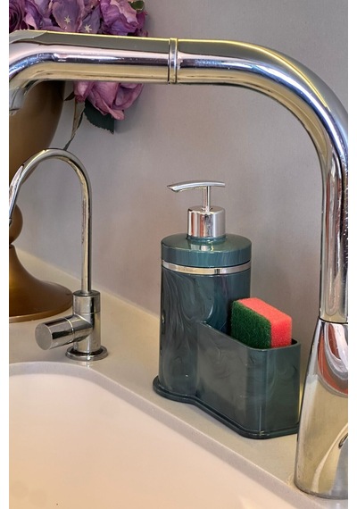 Makri Home Mutfak Veya Banyo İçin Şık Gümüş Detaylı Süngerlikli Sıvı Sabunluk , Yerli Üretim Yeşil