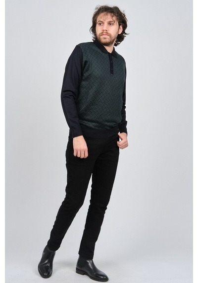 Pave Erkek Polo Yaka Desenli Yün Kazak 4537134 Lacivert Lacivert