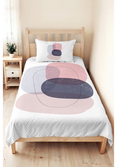 Modern Geometrik Genç Odası Tek Kişilik Pike Takımı - Gri Pembe 160x220 Cm Kapitone Yatak Örtüsü Gizli Çayır Kırığı