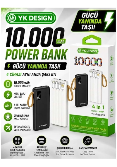 Yk Desıgn Pb-5005 10.000 Mah Kendinden Kalolu Powerbank Siyah