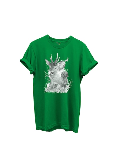 Geyik Ve Av Köpeği Çizim Baskılı %100 Pamuk Regular Fit Bisiklet Yaka Unisex T-shirt Yeşil