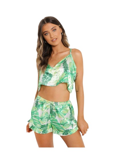 Kadın Rahat Ve Şık Askılı Üst Ve Mini Şort Takım Yazlık Ev Giyim Pijama Seti Saten Açık Bej - Siyah
