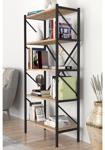 Dekoratif 5 Raflı Kitaplık Metal Kitaplık Çam