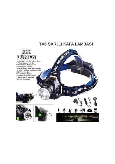 Orjinal 800 Lümen Tx6 Şarjlı Zoomlu Kafa Feneri Wt-120 Beyaz