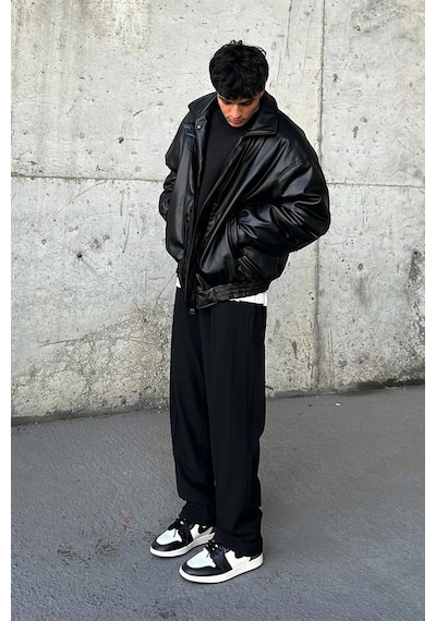 Oversize Vintage Erkek Siyah Deri Ceket Siyah
