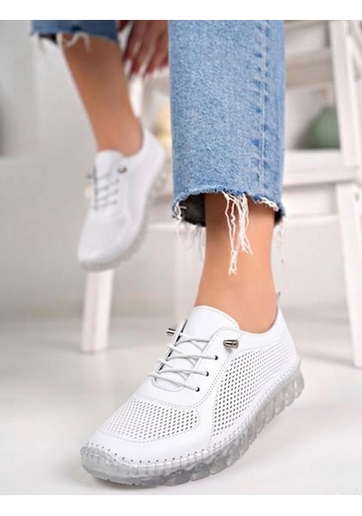 Beren Hakiki Deri Beyaz Kadın Ayakkabı Lazer Delikli Ortopedik Taban Casual Günlük Yürüyüş Ayakkabısı Sneakers