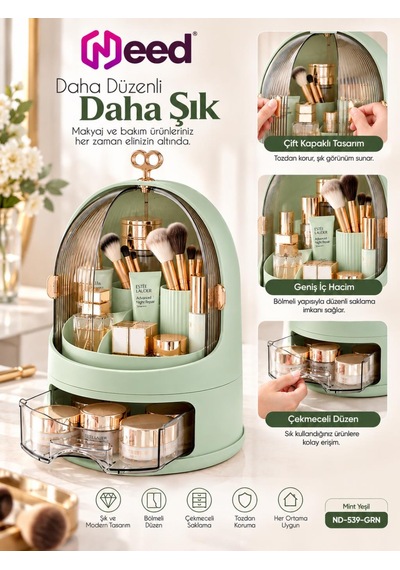 Need Oval Çift Kapaklı Çekmeceli Makyaj Ve Kozmetik Organizeri Mint Yeşil Nd-539-grn