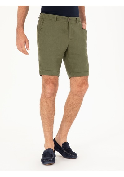 Cacharel Haki Regular Fit Beli Lastikli %100 Keten Şort YESIL