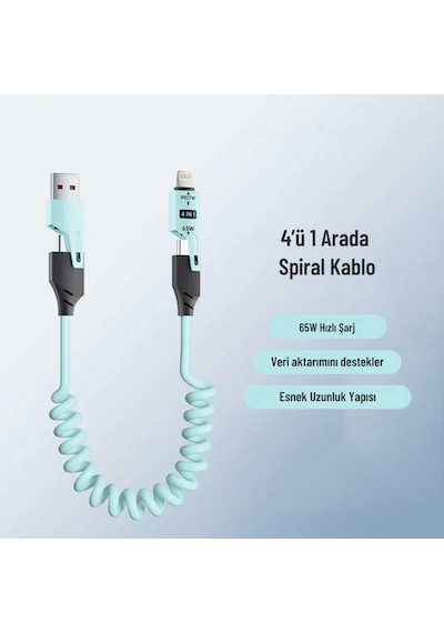Alfais 6008 Usb Type-c Lightning 4'ü 1 Arada 65w Pd Hızlı Şarj Data Kablosu 1.5m Spiral Çevirici