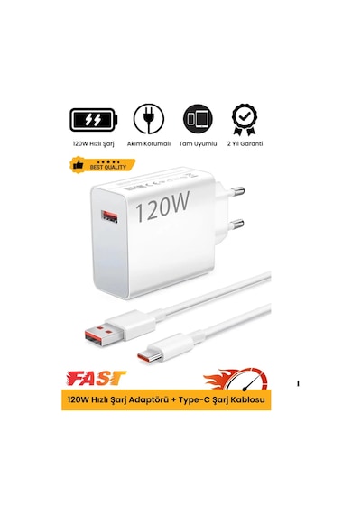120w Turbo Ultra Hızlı Akım Korumalı Şarj Aleti Usb- Type-c Kablo Ve Adaptör Şarj Seti