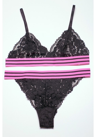 Deep Secret Siyah Pembe Çizgili Lastikli Full Dantel Bralet Takım Ds20095Brt