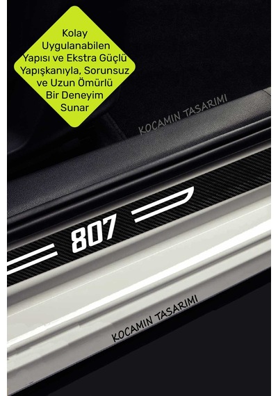 Peugeot 807 Kapı Koruma Eşiği Dekoratif Siyah Karbon Üzeri Beyaz Peugeot 807 Yazılı 4'lü Set