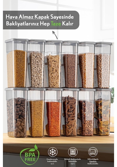 12'li Etiketli Erzak Saklama Kabı Seti - Sızdırmaz Kapaklı Bakliyat Saklama Kutusu - 12 X 1580 Ml Antrasit