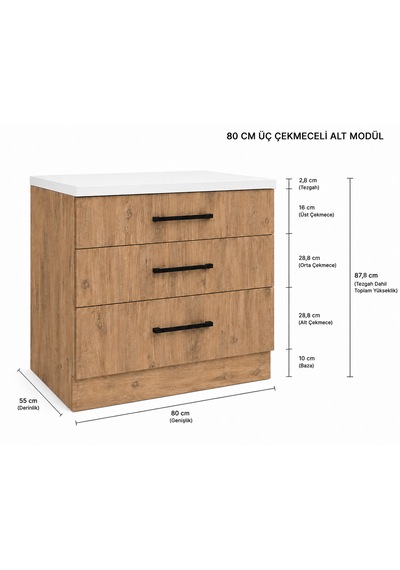 Şah Mutfak 3 Çekmeceli Alt Modül 80 Cm - Çok Amaçlı Dolap - Beyaz Laminat Tezgah Dahil Atlantik Çam Şah Mutfak 3 Çekmeceli Alt Modül 80 Cm - Çok Amaçlı Dolap - Beyaz Laminat Tezgah Dahil Atlantik Çam