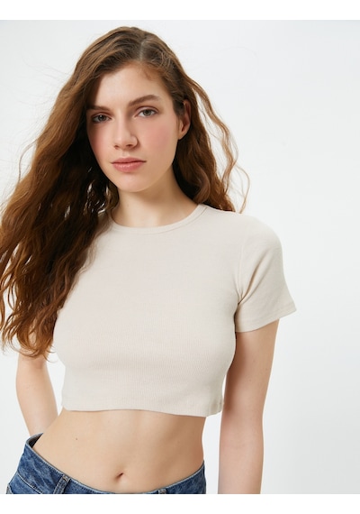 Koton Basic Crop Tişört Ribanalı Kısa Kollu Bisiklet Yaka Slim Fit Bej 4sal10054ık 4SAL10054IK052 Ekru
