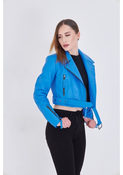 M M Marki Marki Kadın Mavi Hakiki Deri Crop Ceket Biker Stil, Kruvaze Yaka, Kemerli, 52 Cm - 117622