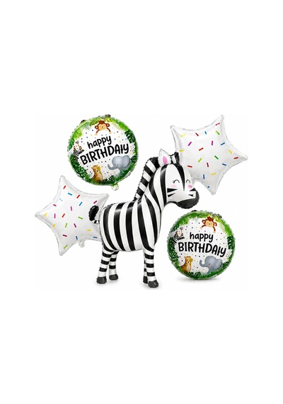 5 Li Zebra Temalı Happy Birthday Folyo Balon Seti Safari Ve Orman Konseptli Parti Süsü Çok Renkli