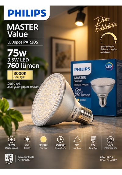 1 Adet Philips 9.5w 3000k Sarı Işık E27 Duylu 760 Lümen Dim Edilebilir Par30 Ampul