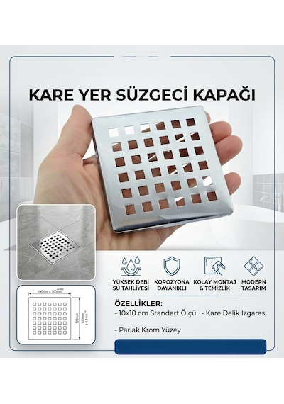 Kare Yer Süzgeci Üst Kapağı 10x10 Cm Parlak Krom Banyo Ve Balkon Gider Izgarası 001