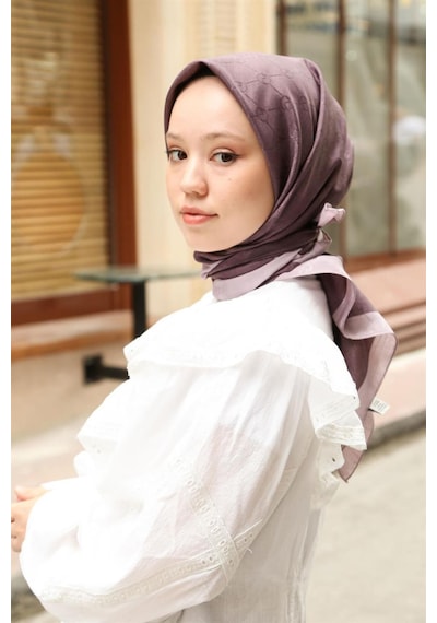Premium Lux Original Monogram Şal İpek Vual, Yüksek Kalite, Hafif, Rahat, Şık, Tesettür, Shawl Mor - Çift Şeritli