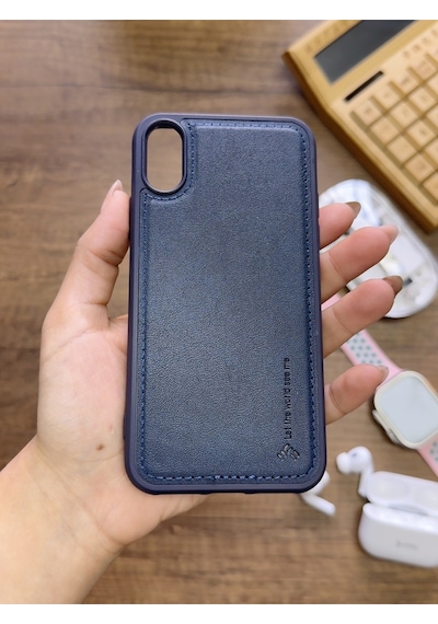Apple iPhone X Uyumlu Premium Deri Dokulu Darbelere Karşı Dayanıklı Nazal Silikon Kılıf Lacivert