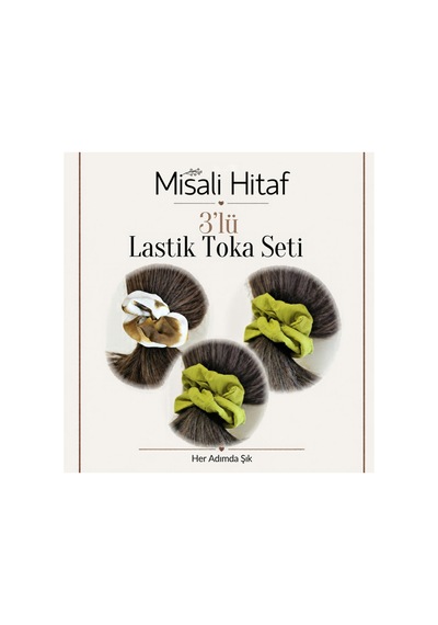 3'lü Lastik Toka Seti Kadın Saç Tokası Saç Lastiği Kahverengi - Krem - Yeşil