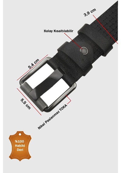 Deepsea Siyah %100 Hakiki Deri Erkek Spor Kemer Kare Desenli Kolay Kısaltılabilir Kot Pantolon Kemeri 2602681