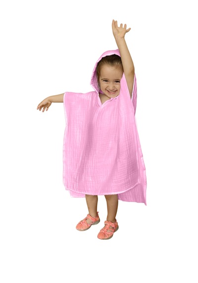 Organik Muslin Bebek Çocuk Kapüşon Plaj Panço Banyo Havlu Pembe