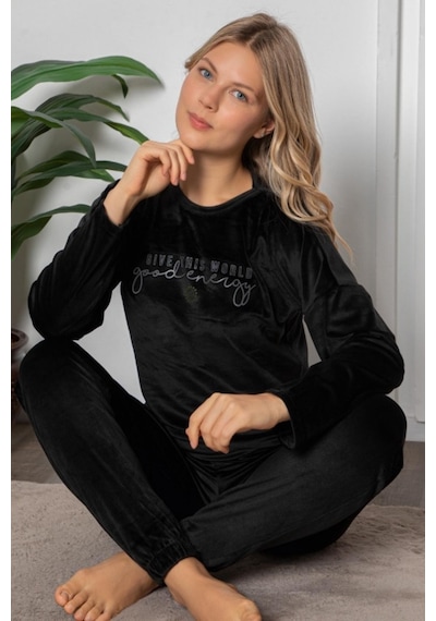 Farya Home Luxury Velvet Fransız Kadife Yazı Detaylı Pijama Takımı Siyah