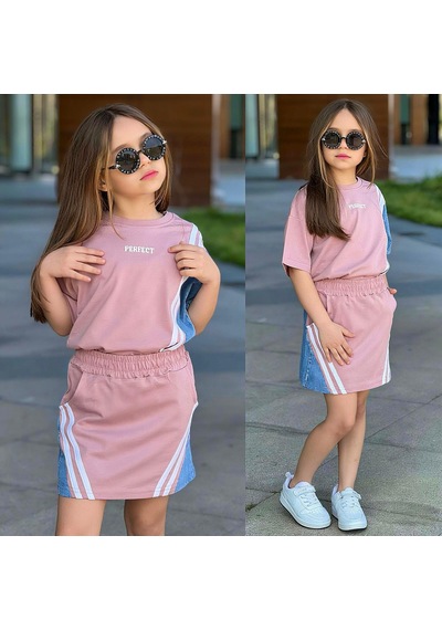 Kız Çocuk Şerit Detaylı Jean Garnili Etekli Takım Pembe Spor Şık 2 Li Takım 32096-p