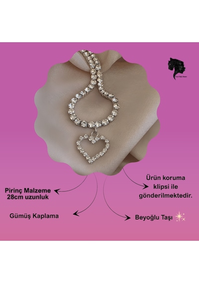 Tek Sıralı Kalp Figürlü Kristal Taşlı Choker Tasma Silver Renk Kolye Gümüş