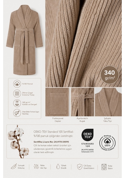 Bej Çizgili Bornoz %100 Sertifikalı Pamuk Şal Yaka Unisex Banyo Bornoz / Sabahlık 340 Gr/m2