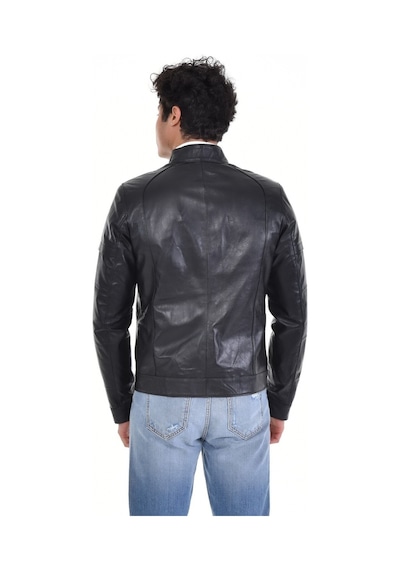 Deriwork Hakiki Deri Siyah Erkek Deri Mont Hakim Yaka Üst Ve Yandan Fermuarlı Cep Detaylı Deri Ceket Siyah