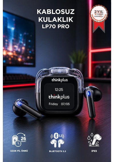 Lenovo Thinkplus Bluetooth Kulaklık Akıllı Dijital Ekranlı Tws 5.4 Kablosuz Kulaklık Lp70 Pro Siyah