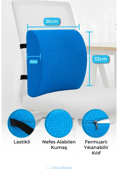 Viscofoam Ortopedik Bel Yastığı Ofis Sandalye Araç Koltuk Bel Destek Yastığı Visco Bel Yastığı Saks Mavisi