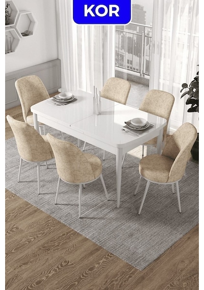 Canisa Kor Serisi 70x114 Açılabilir Mutfak Masası Takımı Beyaz Masa 6 Krem Sandalye Masa Beyaz Sandalyeler Kremm Canisa Kor Serisi 70x114 Açılabilir Mutfak Masası Takımı Beyaz Masa 6 Krem Sandalye Masa Beyaz Sandalyeler Kremm
