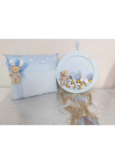 2 Li Bebek Odası Kapıs Süsü Ahşap Ve Yastık Set Mavi Toplu Çok Renkli